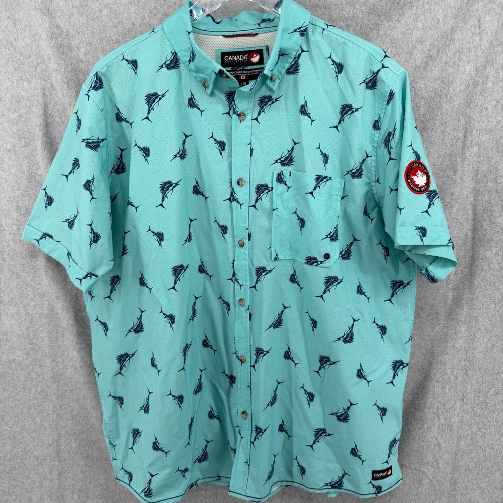 Canada Weathergear Mens Large Marlin Fish Print Button Down Shirt Aqua Turquoise - Picture 8 of 13